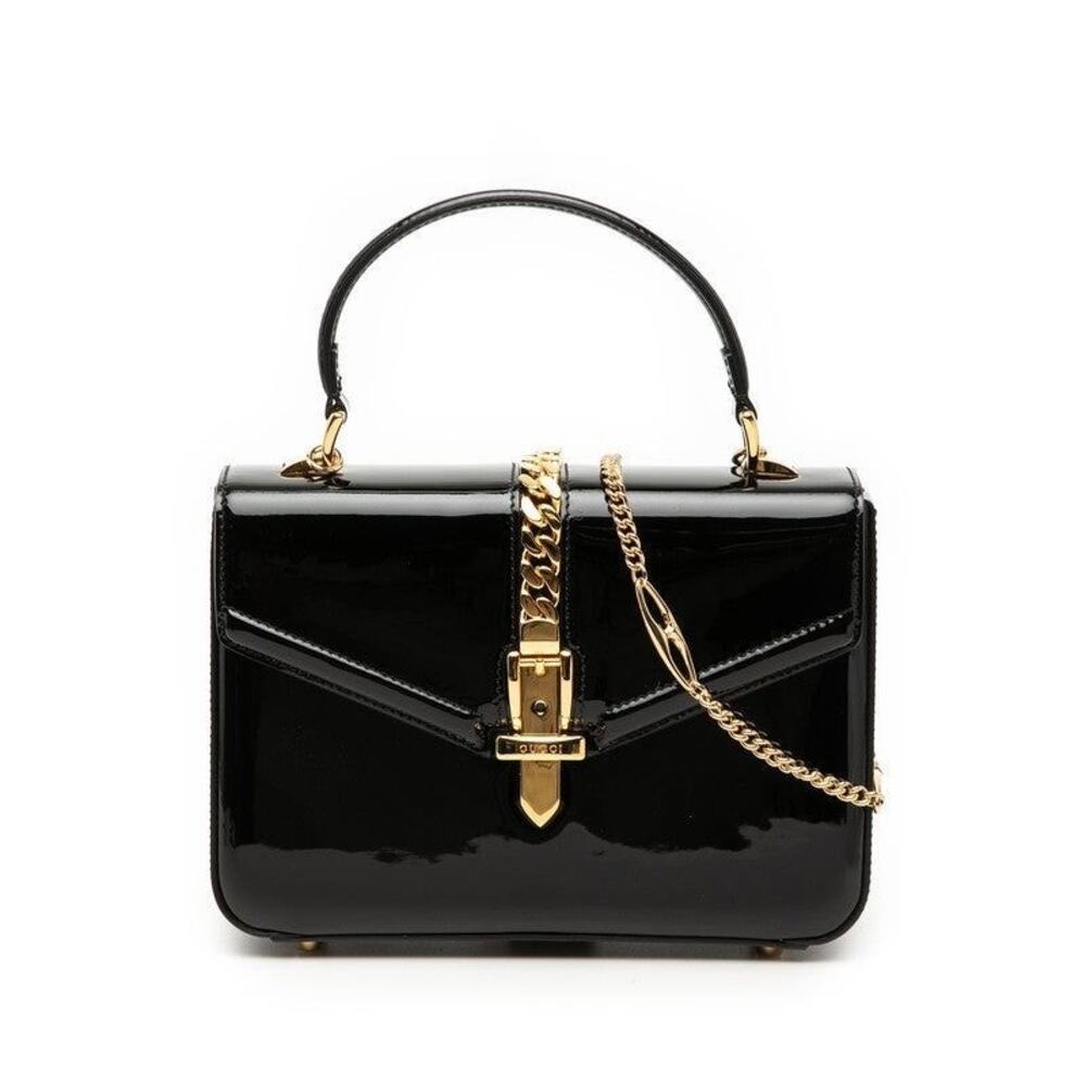 Gucci Patent Leather Sylvie 1969 Chain Shoulder Bag Black